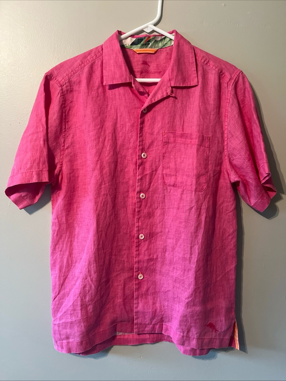 Men’s Tommy Bahama Pink 100% Linen Button Up Short Sleeve Chambray Shirt Small